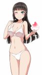  1girl ;) bangs black_hair blunt_bangs blush bra breasts cleavage commentary_request goblet green_eyes hair_ornament hairclip kurosawa_dia long_hair love_live! love_live!_sunshine!! medium_breasts midriff mole mole_under_mouth navel one_eye_closed panties shaved_ice simple_background smile solo spoon underwear underwear_only white_background white_bra white_panties yopparai_oni 