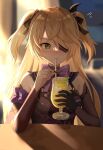  1girl bangs bare_shoulders blonde_hair blurry blurry_background blush bow breasts commentary_request cup drinking drinking_straw eyepatch fingernails fischl_(genshin_impact) genshin_impact gloves green_eyes hair_bow hair_ornament highres holding indoors long_hair medium_breasts nail_polish nasii shiny shiny_hair short_twintails simple_background single_glove solo twintails upper_body 
