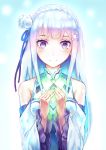  1girl blue_ribbon emilia_(re:zero) flower hair_flower hair_ornament hair_ribbon highres long_hair looking_at_viewer re:zero_kara_hajimeru_isekai_seikatsu ribbon shiny shiny_skin silver_hair smile solo standing ttc upper_body very_long_hair violet_eyes white_flower 