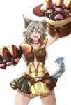  &gt;:d 1girl :d animal_ears arm_up blush breasts brown_eyes claw_(weapon) collar collarbone commentary_request cowboy_shot eyebrows_visible_through_hair granblue_fantasy green_skirt grey_hair haido_(ryuuno_kanzume) hair_between_eyes head_tilt highres looking_at_viewer medium_breasts open_mouth pleated_skirt sen_(granblue_fantasy) simple_background skirt smile solo weapon white_background 