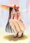  1girl absurdres anklet ass bikini black_hair breasts cleavage darkmuleth feet hat heart highres jewelry long_hair looking_at_viewer original red_bikini red_eyes sandals smile solo squatting sun_hat swimsuit toes 