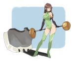  1girl bare_shoulders black_gloves blue_eyes boots breasts brown_hair closed_mouth covered_navel elbow_gloves full_body gloves green_boots green_leotard halterneck high_heel_boots high_heels highleg highleg_leotard holding holding_weapon huge_weapon leotard light_smile long_hair looking_away original shadow sideboob sidelocks skin_tight sleeveless sleeveless_turtleneck solo standing thigh-highs thigh_boots turtleneck vins-mousseux weapon 