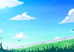  absurdres blue_sky clouds commentary_request condensation_trail day field flower grass highres no_humans original outdoors railing road sasakura_momiji scenery sky 
