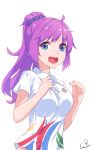  1girl 2017_taipei_universiade artist_name bangs blue_eyes breasts eyebrows_visible_through_hair hair_ornament hair_scrunchie highres long_hair looking_at_viewer medium_breasts open_mouth original polo_shirt ponytail purple_hair scrunchie short_sleeves sidelocks signature simple_background smile solo upper_body wet.elephant white_background 