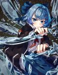  1girl alternate_costume blue_bow blue_eyes blue_hair blue_skirt bow cirno commentary_request dagger dual_wielding hair_bow hair_ornament hairclip holding holding_weapon ice ice_wings jacket long_sleeves looking_at_viewer natori_youkai revision ringed_eyes serious short_hair skirt solo touhou weapon wings 