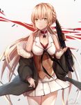  1girl absurdres artist_name black_cola blonde_hair blush breasts choker cleavage closed_mouth eyebrows_visible_through_hair girls_frontline gun highres holding holding_gun holding_weapon large_breasts looking_at_viewer ots-14_(girls_frontline) signature skirt solo star weapon white_skirt yellow_eyes 