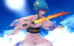  1girl alternate_costume alternate_hairstyle blue_hair blue_sky clouds flaming_sword food_themed_hair_ornament grin hair_ornament headwear_removed hinanawi_tenshi japanese_clothes kimono long_hair looking_at_viewer obi peach_hair_ornament red_eyes sash sky smile smirk solo sun sword sword_of_hisou teeth tied_hair touhou weapon yukata 