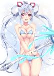  1girl ;d bikini blue_bikini breast_press breasts headgear long_hair looking_at_viewer matoi_(pso2) medium_breasts milkpanda one_eye_closed open_mouth phantasy_star phantasy_star_online_2 pink_eyes smile solo staff standing swimsuit thigh_gap twintails very_long_hair 