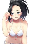  1girl :d bare_shoulders black_hair blush boku_no_hero_academia breasts cleavage hand_in_hair highres isati_49 large_breasts looking_at_viewer navel open_mouth ponytail simple_background smile solo stomach twitter_username white_background yaoyorozu_momo 