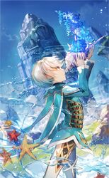  1boy blue_hair blue_shirt cowboy_shot flower from_side highres male_focus mikleo_(tales) multicolored_hair pants profile scorpion5050 shell shirt solo starfish tales_of_(series) tales_of_zestiria violet_eyes water white_hair white_pants 