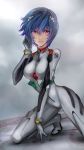  1girl arm_support ayanami_rei bai_wang bangs blue_hair bodysuit breasts closed_mouth clouds cloudy_sky feet_out_of_frame grey_bodysuit hand_to_head headgear highres kneeling looking_at_viewer medium_breasts neon_genesis_evangelion pilot_suit plugsuit red_eyes short_hair sky solo turtleneck 