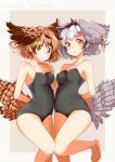  2girls arms_behind_back bare_shoulders barefoot black_school_swimsuit bow breasts brown_eyes brown_hair copyright_name eurasian_eagle_owl_(kemono_friends) hair_bow head_wings highres kemono_friends looking_at_viewer medium_breasts multiple_girls northern_white-faced_owl_(kemono_friends) one_leg_raised pink_bow school_swimsuit short_hair standing swimsuit tail_feathers white_hair yellow_bow yuyaiyaui 