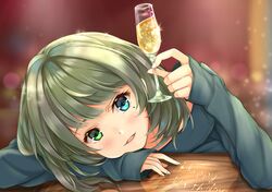  1girl alcohol blue_eyes champagne green_eyes heterochromia highres idolmaster idolmaster_cinderella_girls looking_at_viewer mole mole_under_eye parted_lips short_hair smile takagaki_kaede yuzuyu_(hyui) 