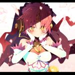  1girl berserker_of_black blush bokkun_(doyagaobyo) breasts elbow_gloves eyebrows_visible_through_hair fate/apocrypha fate_(series) gloves hands_on_own_cheeks hands_on_own_face headgear horn letterboxed medium_breasts petals pink_hair red_ribbon ribbon short_hair signature solo upper_body white_gloves yellow_eyes 