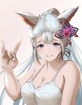  1girl animal_ears bare_shoulders blue_eyes blush breasts cleavage closed_mouth commentary erun_(granblue_fantasy) granblue_fantasy haido_(ryuuno_kanzume) hair_ornament hand_gesture highres large_breasts long_hair looking_at_viewer pink_background shirt sketch smile socie_(granblue_fantasy) solo spaghetti_strap upper_body very_long_hair white_shirt 
