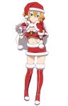  1girl aqua_eyes bell boots carrying_over_shoulder full_body fur_trim gloves hair_between_eyes hat index_finger_raised looking_at_viewer midriff navel official_art orange_hair over-kneehighs petticoat philia_(sao) red_gloves sack santa_costume santa_hat short_hair simple_background smile solo sword_art_online thigh-highs white_background 