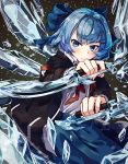  1girl alternate_costume blue_bow blue_eyes blue_hair blue_skirt bow cirno dagger dual_wielding hair_bow hair_ornament hairclip holding holding_weapon ice ice_wings looking_at_viewer natori_youkai serious short_hair skirt solo touhou weapon wings 