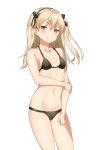 1girl bangs bare_arms bare_shoulders black_hairband black_ribbon blonde_hair blush breasts commentary cowboy_shot eyebrows_visible_through_hair girls_und_panzer hair_ribbon hairband hand_on_own_arm highres long_hair looking_at_viewer navel one_side_up ribbon shimada_arisu simple_background small_breasts solo standing stomach thighs unscpro white_background yellow_eyes 