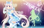  1girl animal_band_legwear animal_ears artist_name bangs bare_shoulders blue_eyes blunt_bangs bow cat_band_legwear cat_ears cat_tail character_name chestnut_mouth elbow_gloves eyebrows_visible_through_hair gloves hair_bow heart high_heels highres layered_skirt long_hair looking_at_viewer low_twintails midriff navel nekopara official_art open_mouth plaid sayori shirt silhouette sleeveless sleeveless_shirt slit_pupils solo sparkle tail thigh-highs twintails vanilla_(sayori) very_long_hair w wallpaper white_gloves white_hair white_legwear 