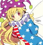  1girl american_flag_dress blonde_hair closed_mouth clownpiece fairy_wings hat iroyopon jester_cap long_hair looking_at_viewer neck_ruff polka_dot red_eyes simple_background smile solo star star-shaped_pupils star_print striped symbol-shaped_pupils touhou very_long_hair wavy_hair white_background wings 