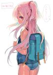  1girl ass backpack bag emily_(pure_dream) flat_chest from_behind highres long_hair looking_back one-piece_swimsuit pan_de_peace! pink_eyes pink_hair sakura_noa school_swimsuit scrunchie solo swimsuit translation_request twintails two_side_up 