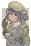  backpack bag blue_eyes blue_hair blush brown_gloves eyebrows_visible_through_hair gloves green_hat hair_bobbles hair_ornament hat highres kawashiro_nitori long_sleeves looking_at_viewer monosenbei parted_lips short_hair short_twintails sketch smile teeth touhou twintails upper_body 