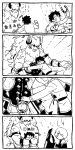  1girl 2boys 4koma asterios_(fate/grand_order) bare_chest blood closed_eyes comic cow_horns crying fate/grand_order fate_(series) fujimaru_ritsuka_(male) gameplay_mechanics greyscale highres horns horseshoe hug long_hair michiru_(amphibian) monochrome multiple_boys scar shield shielder_(fate/grand_order) short_hair size_difference smile streaming_tears tears translated 