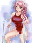  1girl brown_eyes competition_swimsuit cowboy_shot highleg highleg_swimsuit mashinatsu one-piece_swimsuit original pink_hair pool_ladder red_swimsuit side_ponytail smile solo swimsuit wet wet_clothes wet_swimsuit 