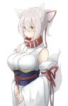  1girl animal_ears bare_shoulders breasts collar cowboy_shot detached_sleeves fox_ears fox_tail from_side hair_between_eyes large_breasts long_sleeves obi original ponytail sakura_inu sash solo tail white_hair wide_sleeves yellow_eyes 