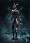  1girl armor arms_at_sides ass bodysuit claws corpse from_behind full_body highres indoors kevin_glint looking_down solo standing valkyr_(warframe) warframe wrist_cuffs 