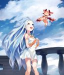  1girl :d ahoge armlet bare_legs bare_shoulders blue_eyes blue_hair blue_sky blush bridal_gauntlets choker clouds cloudy_sky dress flat_chest gem gloves granblue_fantasy image_sample jewelry long_hair looking_at_another looking_up lyria_(granblue_fantasy) open_mouth outstretched_hand short_dress simple_background sky sleeveless sleeveless_dress smile standing strapless strapless_dress thigh_strap thighlet twitter_sample upper_teeth urayamashiro_(artist) vee_(granblue_fantasy) very_long_hair white_dress 