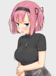  1girl blue_eyes blush breasts grey_background hair_ribbon hairband hand_on_own_arm jewelry large_breasts looking_at_viewer mikazuchi_zeus mochizuki_momiji necklace new_game! one_side_up open_mouth pink_hair ribbon shirt short_hair simple_background solo sweatdrop taut_clothes taut_shirt turtleneck 