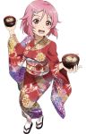  1girl bowl floral_print food freckles full_body hair_ornament hairclip holding japanese_clothes kimono lisbeth long_hair obi official_art open_mouth pink_eyes pink_hair round_teeth sandals sash short_hair simple_background solo sword_art_online tabi teeth white_background wide_sleeves 