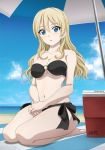  1girl :o bare_shoulders beach beach_towel beach_umbrella bikini black_bikini blonde_hair blue_eyes blush breasts cleavage clouds collarbone darjeeling girls_und_panzer hair_down inoshira long_hair medium_breasts navel o-ring_bikini o-ring_top seiza shiny shiny_hair side-tie_bikini sidelocks sitting sky solo swimsuit towel umbrella 