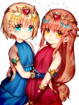  2girls blonde_hair blue_eyes blush brown_hair closed_mouth dragon_poker earrings eyebrows_visible_through_hair jewelry long_hair looking_at_viewer mofuaki multiple_girls parted_lips short_hair smile yellow_eyes 