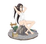  1boy androgynous armpits arms_behind_head artist_request barefoot black_eyes black_hair bucket collarbone crossed_ankles expressionless faux_figurine feet full_body hair_between_eyes hands_in_hair kirito kirito_(sao-ggo) long_hair looking_at_viewer naked_towel official_art rock simple_background sitting sitting_on_rock snow solo sword_art_online towel transparent_background trap very_long_hair water wet white_background 