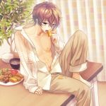  1boy baklava barefoot brown_eyes brown_hair brown_pants burakon! curtains eating food honey inside jacket looking_at_viewer male_focus minamibe navel official_art on_table pants rice_bowl sitting solo soup table tomato tree unbuttoned unbuttoned_shirt 
