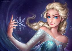  2015 amelion artist_name bare_shoulders blue_eyes braid collarbone dated dress elsa_(frozen) frozen_(disney) hand_up long_hair long_sleeves parted_lips portrait see-through single_braid snowflakes watermark web_address 