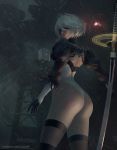  1girl ass bare_back blindfold brown_legwear chuby_mi elbow_gloves gloves hairband highres katana leotard lips lipstick looking_at_viewer looking_back makeup mole mole_under_mouth nier_(series) nier_automata pod_(nier_automata) rain solo sword thigh-highs thighs weapon white_leotard yorha_no._2_type_b 