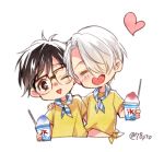  2boys =_= black_hair brown_eyes chibi glasses hair_over_one_eye hand_on_another&#039;s_shoulder heart katsuki_yuuri lowres male_focus multiple_boys naho_(pi988y) neckerchief one_eye_closed open_mouth shaved_ice silver_hair smile viktor_nikiforov yuri!!!_on_ice 