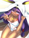  1girl :d bare_shoulders blush breasts cleavage commentary_request competition_swimsuit cosplay dark_skin eyebrows_visible_through_hair facepaint fate/grand_order fate_(series) jewelry large_breasts long_hair looking_at_viewer looking_up medjed medjed_(cosplay) necklace nitocris_(fate/grand_order) nitocris_(swimsuit_assassin)_(fate) off_shoulder older one-piece_swimsuit open_mouth pulled_by_self purple_hair ryou@ryou sitting smile solo strap_pull swimsuit thigh_gap thighs twitter_username under_covers very_long_hair violet_eyes white_swimsuit 