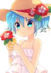  1girl blue_eyes blue_hair flower hat hatsune_miku ikari_(aor3507) looking_at_viewer short_hair smile solo sun_hat vocaloid white_background 
