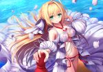  1girl blonde_hair blush breasts cleavage closed_mouth eyebrows_visible_through_hair fate/extra fate/grand_order fate_(series) green_eyes large_breasts long_hair looking_at_viewer navel nero_claudius_(swimsuit_caster)_(fate) saber_extra smile solo toshi_(1-147) 