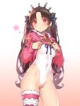  1girl :&lt; bangs blush breasts brown_hair closed_mouth commentary_request contrapposto covered_navel crown earrings eyebrows_visible_through_hair fate/grand_order fate_(series) fur_trim gradient gradient_background hair_ribbon highleg highleg_swimsuit hoop_earrings ishtar_(fate/grand_order) ishtar_(swimsuit_rider)_(fate) jacket_lift jewelry leg_garter long_hair long_sleeves looking_at_viewer medium_breasts one-piece_swimsuit parted_bangs pink_eyes pop_kyun red_eyes ribbon shirt_lift simple_background single_thighhigh solo standing star swimsuit swimsuit_under_clothes thigh-highs tohsaka_rin two_side_up white_swimsuit 