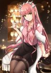  1girl alcohol bangs black_legwear blouse champagne champagne_flute closed_mouth cup drinking_glass eyebrows_visible_through_hair fate/grand_order fate_(series) frills garter_straps hairband indoors long_hair looking_at_viewer medb_(fate/grand_order) pantyhose pencil_skirt pink_blouse pink_hair shawl shimo_(s_kaminaka) sitting skirt smile solo thighband_pantyhose tsurime very_long_hair wine_glass yellow_eyes 