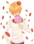  1boy belphegor_(reborn) blonde_hair grin hair_over_eyes katekyo_hitman_reborn misteor shirt short_hair smile solo source_request striped striped_shirt 