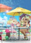  2girls ass beach bikini breasts crown dark_skin day domino_mask feet fingerless_gloves food gloves highres hime_(splatoon) iida_(splatoon) looking_at_viewer mask mole mole_under_mouth multicolored_hair multiple_girls octarian sky smile splatoon splatoon_2 swimsuit tentacle_hair white_hair yellow_eyes 