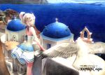  1girl artist_name bare_shoulders bird blonde_hair blue_sky cross day dome dress greece greek millipen_(medium) ocean original outdoors ponytail seagull skirt sky solo summer tesun_(g_noh) traditional_media violet_eyes watercolor_pencil_(medium) white_skirt 