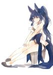  1girl animal_ears bangs bare_shoulders blue_hair brown_eyes closed_mouth eyebrows_visible_through_hair full_body long_hair looking_to_the_side lpip original sidelocks simple_background sitting sketch slippers solo tail thighs very_long_hair wavy_hair white_background 