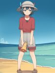  1girl beach blue_eyes blue_hair blush bridge brown_shoes bucket_hat closed_mouth clothes_grab collarbone commentary eyebrows_visible_through_hair full_body hair_between_eyes hat hat_feather hatafuta highres holding japari_symbol_print kaban_(kemono_friends) kemono_friends legs_apart looking_away megaphone outdoors red_shirt shirt shoes short_sleeves shorts sky solo standing water 